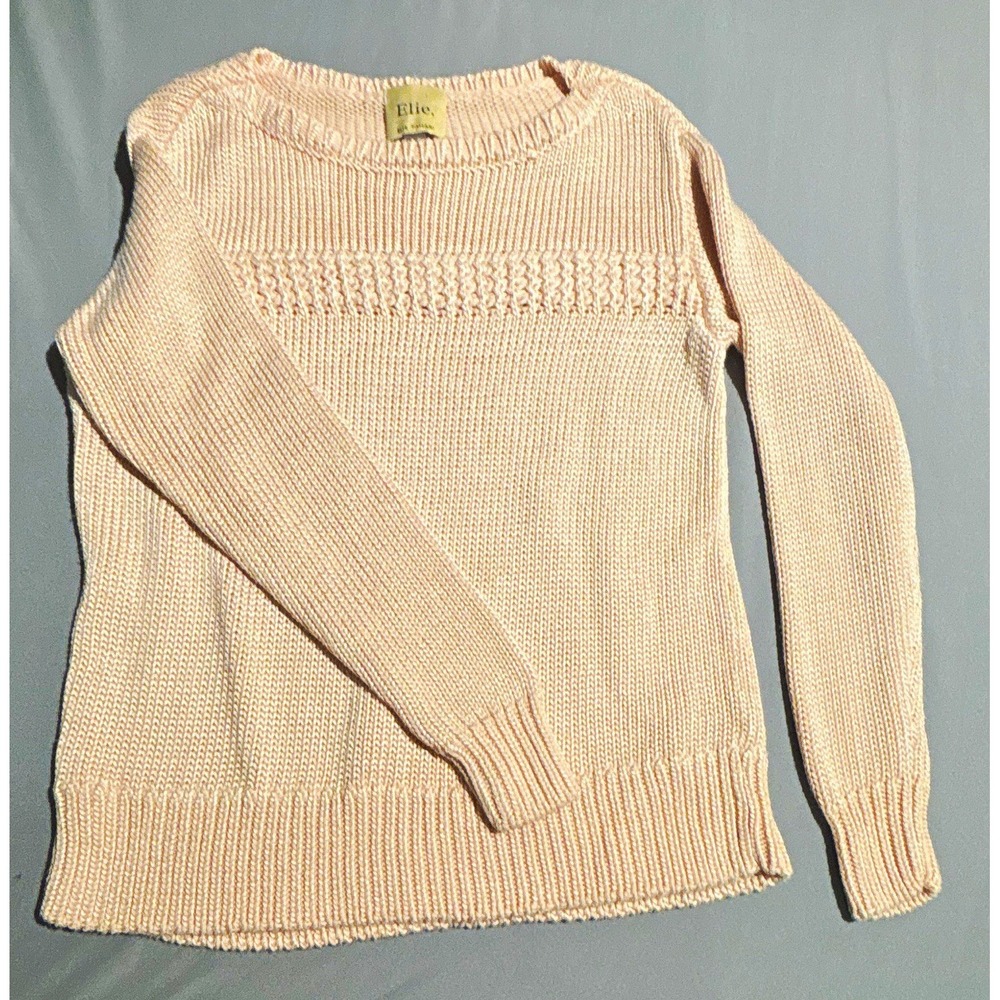 Elie Elie Tahari Pink Knit Sweater Womens XS Crew Neck Pointelle Band